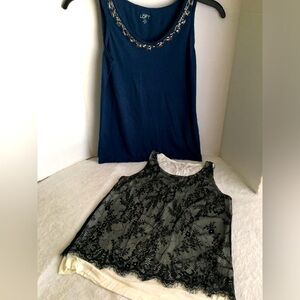 2 Loft Sleeveless Tops - Black White Lace Layered Tank and Blue Beaded Top Small
